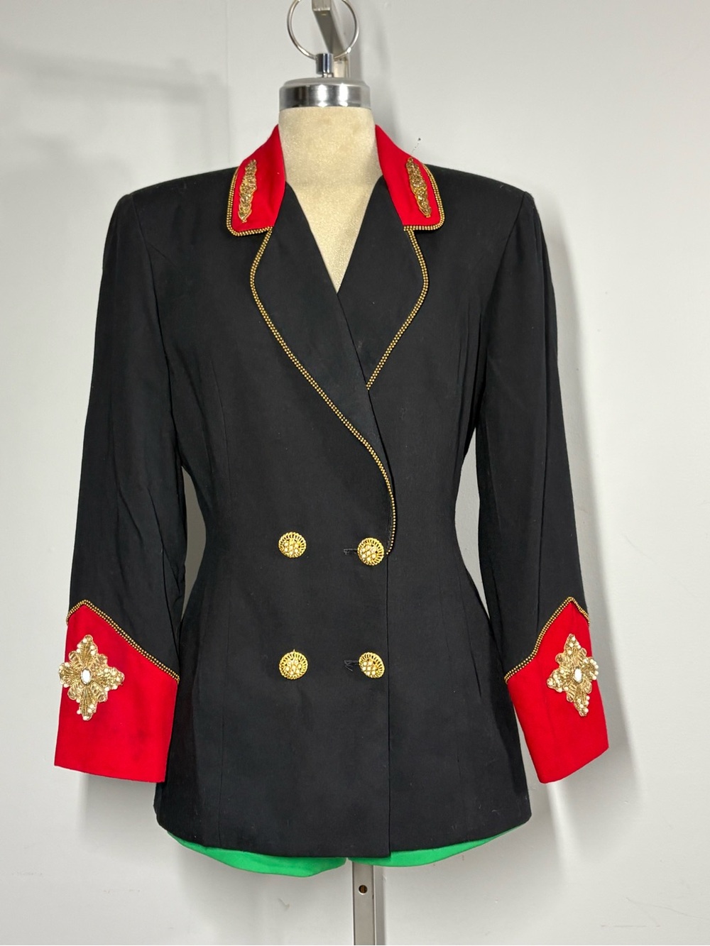 Black Double-Breasted Blazer with Red Trim and Gold Buttons